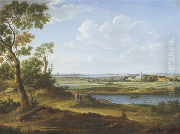 An Extensive River Landscape With A Horseman And His Servant On A Path, Villages And A Town Beyond Oil Painting by Hendrick Frans van Lint