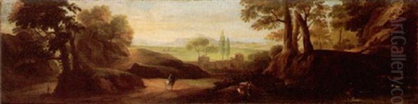 A Wooded River Landscape With Travellers And Women Washing Clothes Oil Painting by Hendrick Frans van Lint