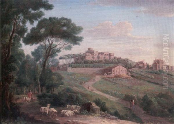 A View Of Villa Mattei, Rome, With Figures On A Track And A Shepherd And Livestock By A Copse Oil Painting by Hendrick Frans van Lint