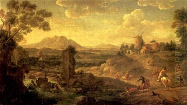 An Elegant Hunting Party In An Extensive Italianate Lanscape With Borghi And Mountains Beyond Oil Painting by Hendrick Frans van Lint