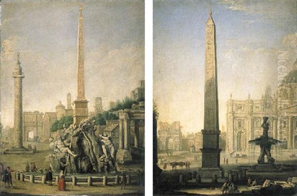 Roman Ruins With Figures, An Obelisk And The Fountain Of Triton Oil Painting by Hendrick Frans van Lint