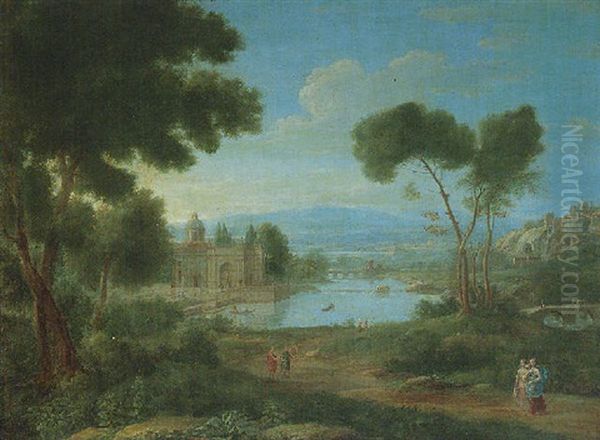 A Classical Landscape With A Palazzo In A River Valley Oil Painting by Hendrick Frans van Lint