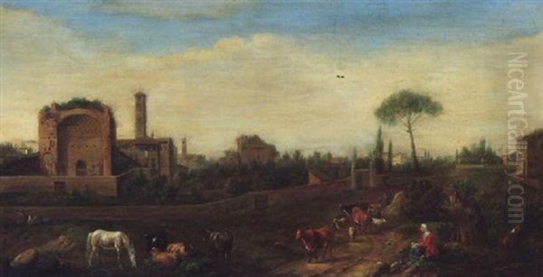 Rome, A View Of The Temple Of Venus And Roma With The Campanile Of The Church Of Santa Maria Nova Looking West, Cattle Outside The City Walls Oil Painting by Hendrick Frans van Lint