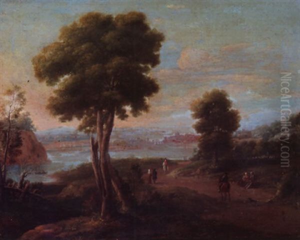 An Italianate Landscape With Figures On A Track, A Lake Beyond Oil Painting by Hendrick Frans van Lint