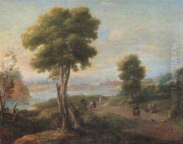 Italianate Landscape With Figures On A Track, A Lake Beyond Oil Painting by Hendrick Frans van Lint