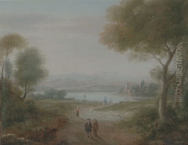 An Italianate Landscape With Elegant Figures On A Path, A Shepherd And His Flock At The Side Of A Lakeside Beyond Oil Painting by Hendrick Frans van Lint