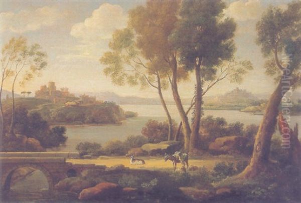 An Extensive Italianate River Landscape With A Goat And Donkey Near A Small Bridge Oil Painting by Hendrick Frans van Lint