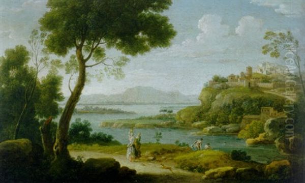 An Extensive Landscape With Figures By A River, A Town Beyond Oil Painting by Hendrick Frans van Lint