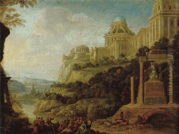 Weite Gebirgige Fluslandschaft Mit Einem Palast, Einem Antiken Monument Und Christus, Der Den Aposteln Predigt Oil Painting by Hendrick Frans van Lint