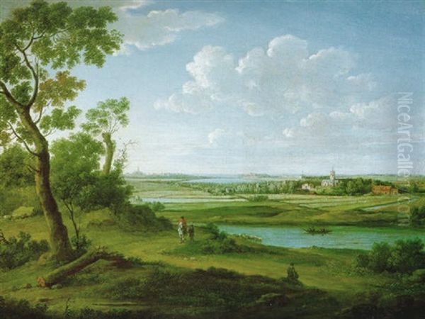 Weite Fluslandschaft Mit Reiter Auf Einem Uferweg Oil Painting by Hendrick Frans van Lint