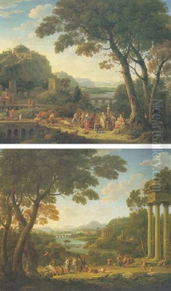 An Extensive Landscape With Venus, Apollo And Cupid, Silenus And Other Classical Figures And Temples Oil Painting by Hendrick Frans van Lint