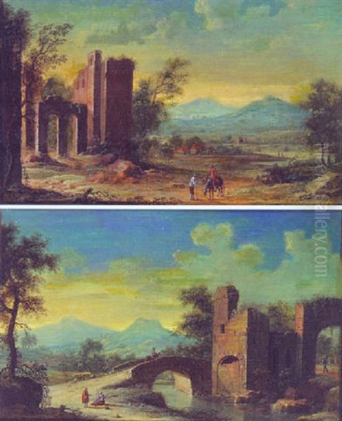 Italianate Landscape With Peasants By A Ruined Castle Oil Painting by Hendrick Frans van Lint