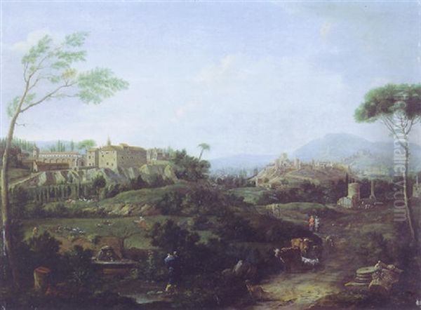 Capriccio Architettonico Con Due Borghi Laziali Ed Altri Edifici Sullo Sfondo Con Greggi Ed Astanti Vari Oil Painting by Hendrick Frans van Lint