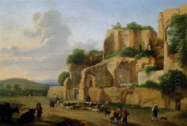 The Palatine Hill Seen From The Circus Maximus With Drovers, Livestock And Other Figures Oil Painting by Hendrick Frans van Lint