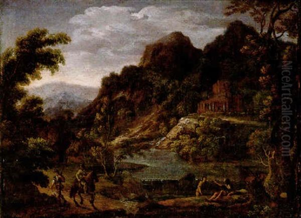 Sportsmen On A Track Near A Waterfall, A Castle Beyond, In An Italianate Landscape Oil Painting by Hendrick Frans van Lint