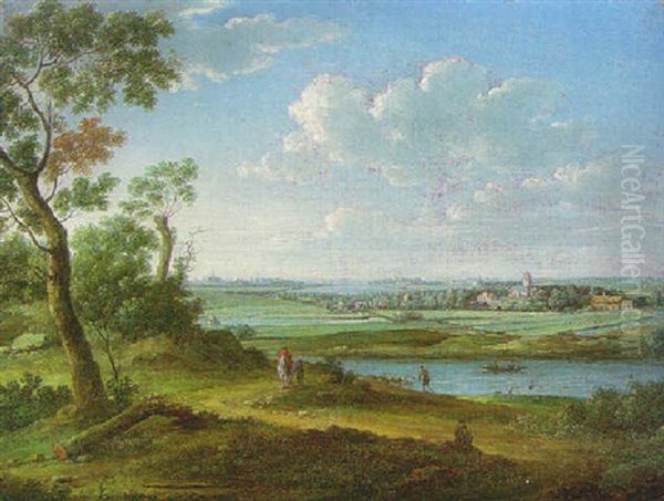 An Extensive River Landscape With A Horseman On A Path, A Church And Town Beyond Oil Painting by Hendrick Frans van Lint