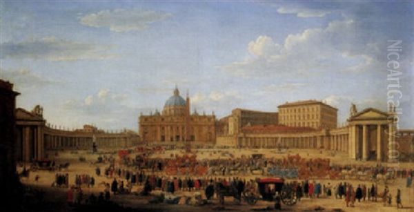 Rome, A View Of The Piazza San Pietro With A Procession Oil Painting by Hendrick Frans van Lint