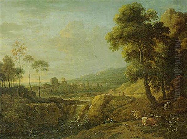 Repos De Bergers Pres D'un Cascade Oil Painting by Hendrick Frans van Lint