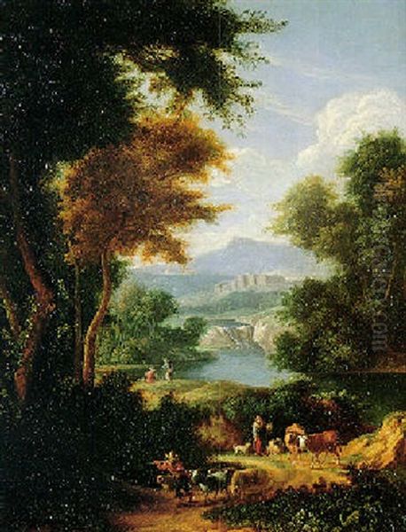 An Italianate Landscape With Peasants And Farm Animals By A River Oil Painting by Hendrick Frans van Lint