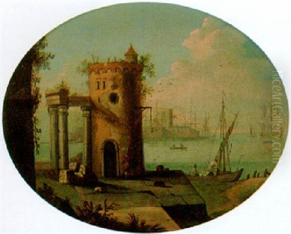 Mediterranean Harbour With An Old Tower Oil Painting by Hendrick Frans van Lint