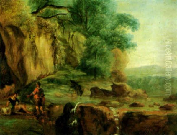 Rocky Landscape With Shepherds And A Goat By A Stream Oil Painting by Hendrick Frans van Lint