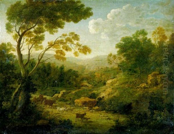 A River Landscape (river Tiber?) With Tivoli In The Distance Near Rome Oil Painting by Hendrick Frans van Lint