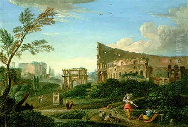 Figures Before The Colosseum, Rome Oil Painting by Hendrick Frans van Lint