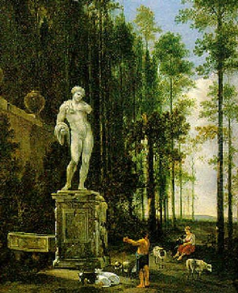 Un Contadino, Una Contadina Ed Armenti Presso Una Statua Antica Oil Painting by Hendrick Frans van Lint