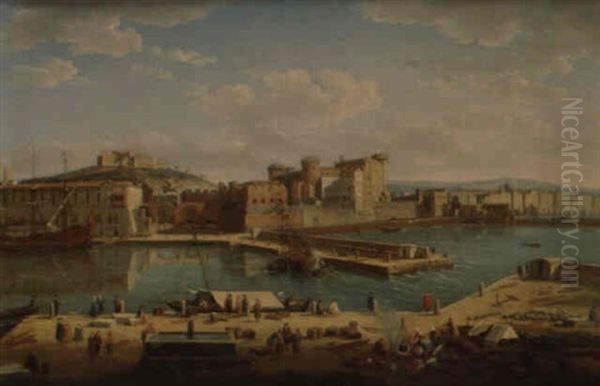 Vue De L'entree Du Port De Naples Avec Le Maschio Angioino Et Le Vomero Oil Painting by Hendrick Frans van Lint