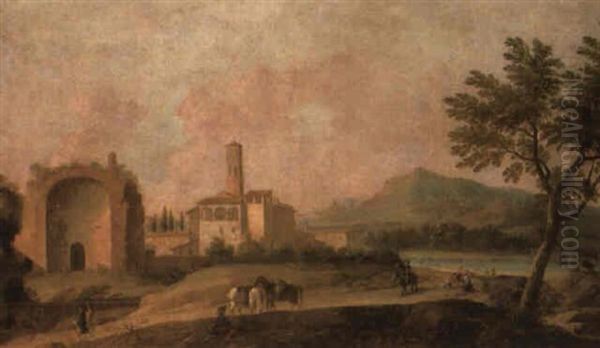 Italianate Landscape With Figures On A Road Beside The Temple Of Venus Oil Painting by Hendrick Frans van Lint