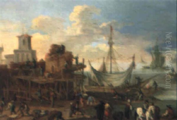 Hafenszene Mit Schiffbauern Oil Painting by Hendrick Frans van Lint