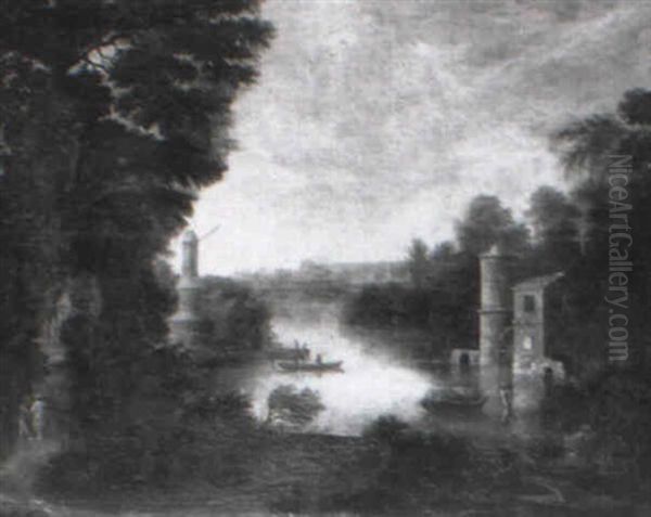 A River Landscape With Figures On A Bank, A Monastery Beyond Oil Painting by Hendrick Frans van Lint