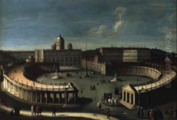 Vue De Saint-pierre De Rome Animee De Caleches Et De Promeneurs Oil Painting by Hendrick Frans van Lint