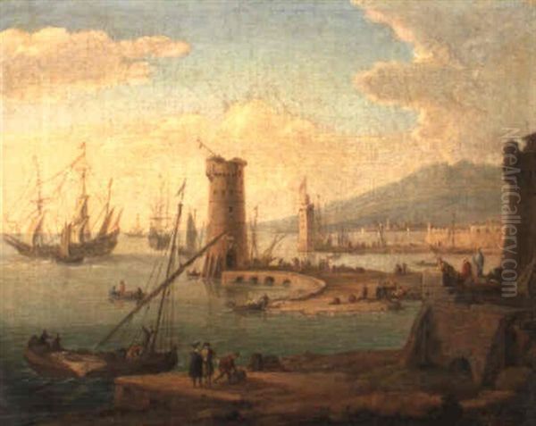 An Italian Harbour Scene With Boats At Anchor And Figures On The Quay by Hendrick Frans van Lint