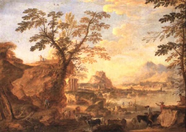 A Classical Landscape With Figures And Cattle Oil Painting by Hendrick Frans van Lint