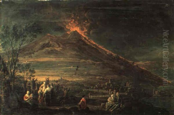 Capriccio Con L'eruzione Del Vesuvio, Con Una Citta Cinta Da Mura Oil Painting by Hendrick Frans van Lint