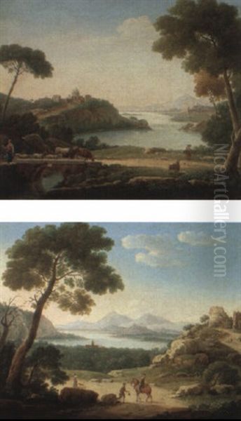 Italianate River Landscape With A Shepherdess Resting On A Bridge Oil Painting by Hendrick Frans van Lint