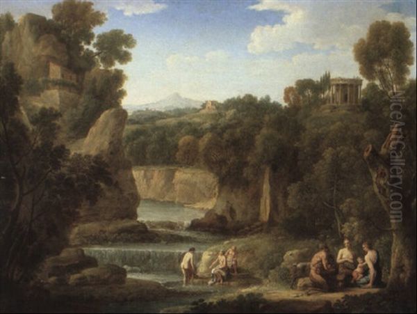 Wooded Arcadian Landscape With A Satyr And Nymphs Near A Cascade Oil Painting by Hendrick Frans van Lint