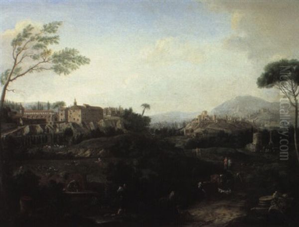 Campagnan Landscape With A Distant City And Figures On A Road Oil Painting by Hendrick Frans van Lint