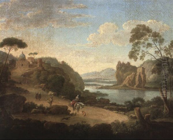 Italianate River Landscape With Figures On A Rocky Path by Hendrick Frans van Lint