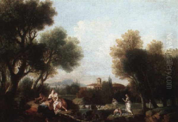 Italianate Landscape With Women And A Baby Resting Beside A River Oil Painting by Hendrick Frans van Lint