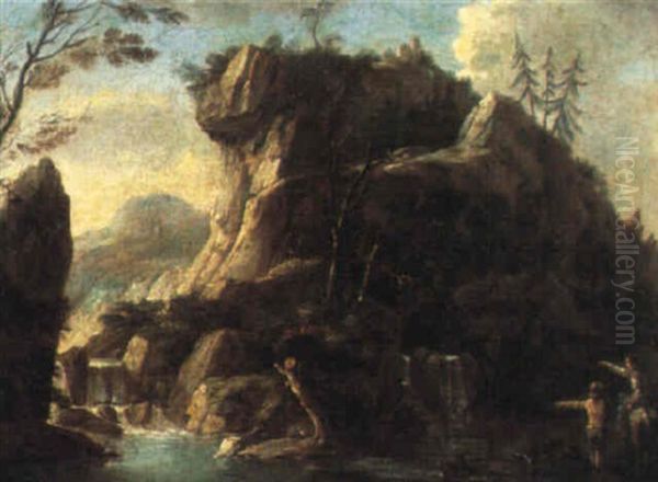 Rocky River Landscape With Figures By A Cascade Oil Painting by Hendrick Frans van Lint