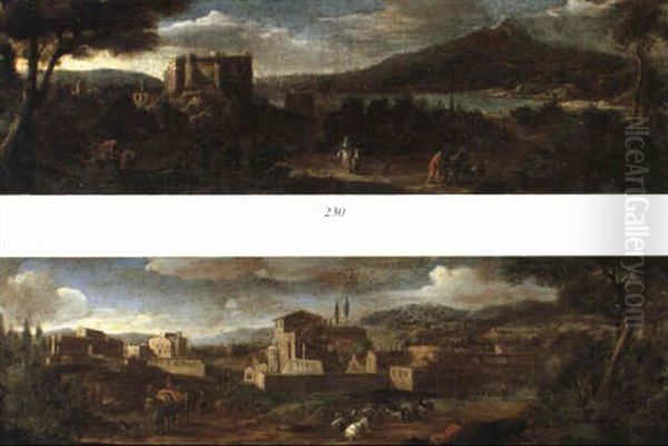 Classical Lanscape With Travellers And Their Pack Animals Oil Painting by Hendrick Frans van Lint