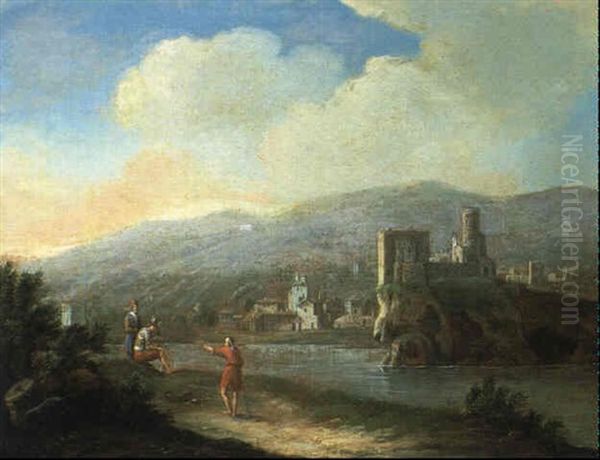 Italienische Flusslandschaft Mit Figurengruppe Und Kastell Oil Painting by Hendrick Frans van Lint