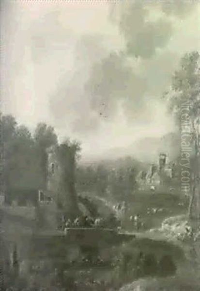 An Italianate Pastoral Landscape With Figures On A Bridge   Above A Waterfall Beside A Ruin, A Lake, A Village... Oil Painting by Hendrick Frans van Lint