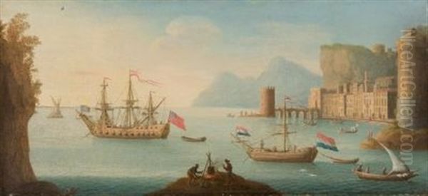 Englisches Und Niederlandisches Schiff Vor Italienischer Kuste Mit Hafenstadt. Oil Painting by Jacob van Lint