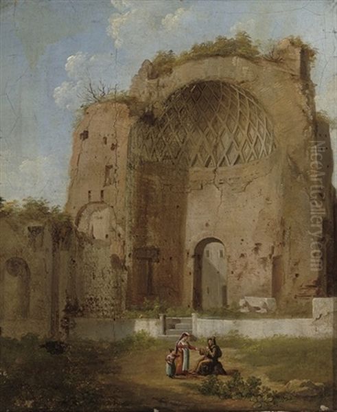 A Roman Ruin With A Woman And Child by Jacob van Lint