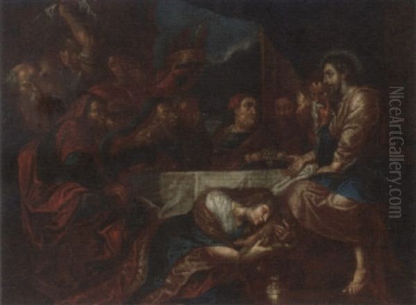 The Magdalen Washing The Feet Of Christ At The House Of Simon The Pharisee Oil Painting by Peter Van Lint