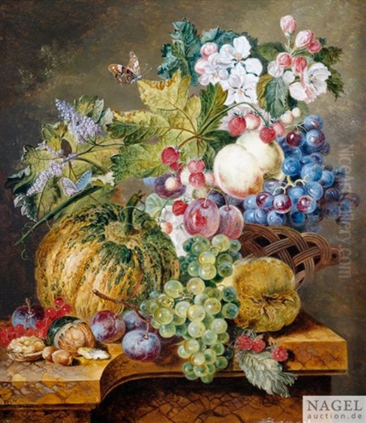 Stilleben Mit Blumen Und Fruchten Auf Einem Steinpodest Oil Painting by Jacobus Linthorst