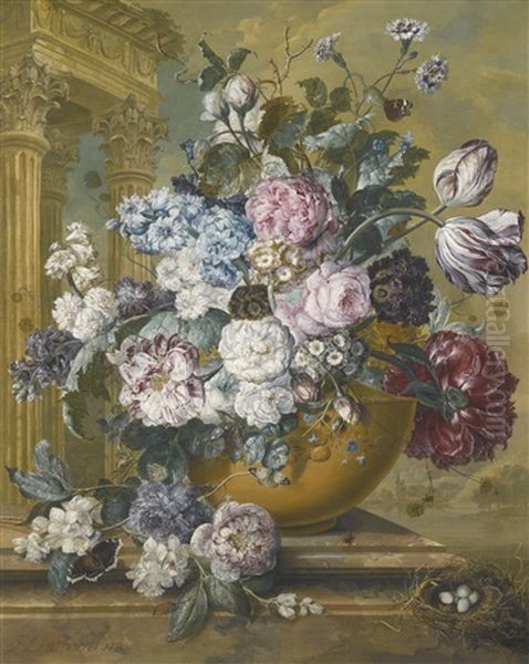 Still Life Of Summer Flowers In A Bowl, With Butterflies And A Bird's Nest Upon A Marble Ledge, A Temple Beyond Oil Painting by Jacobus Linthorst